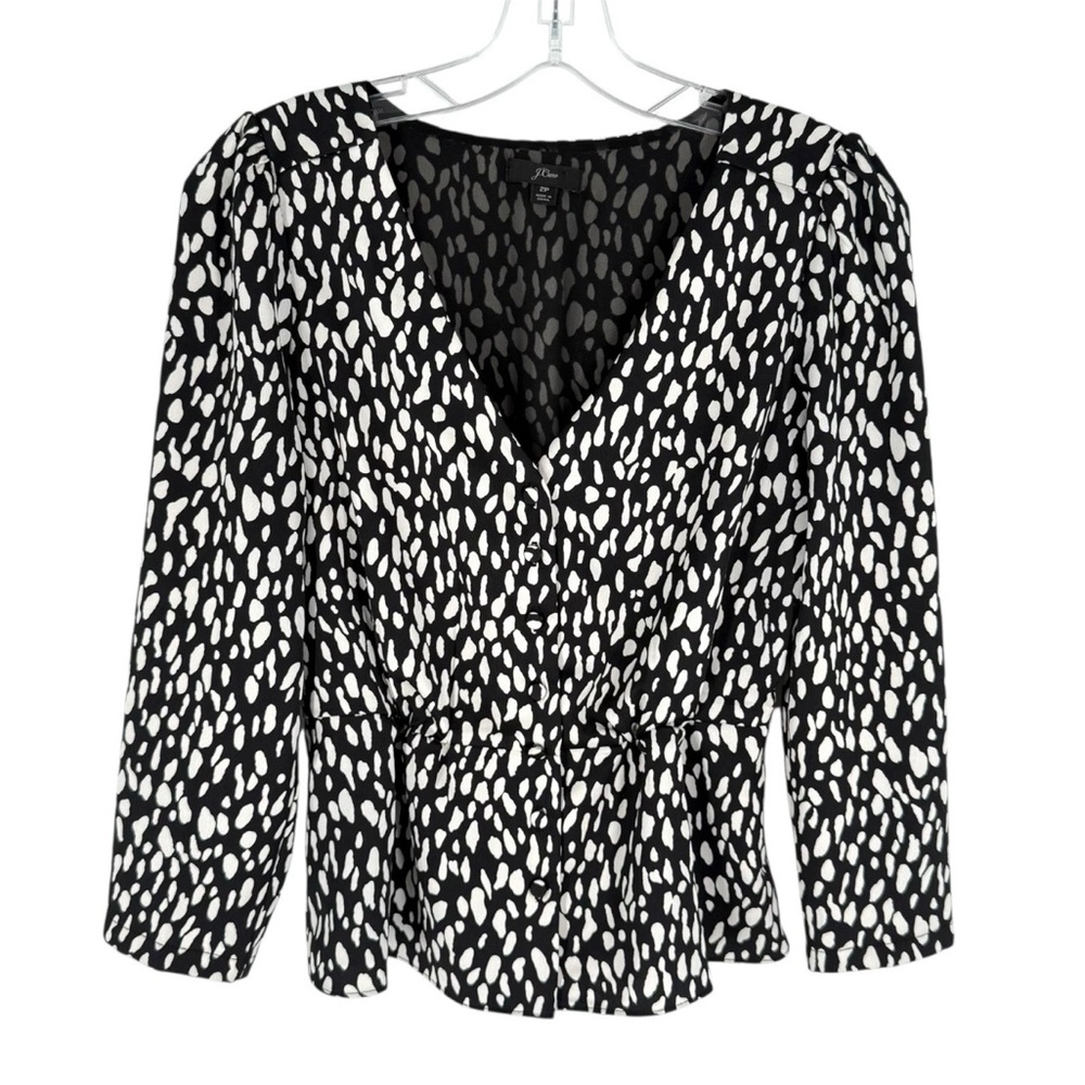J Crew Peplum Blouse Womens Size 2P Black Ivory V-Neck Career Capsule Wardrobe